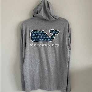 Vineyard Vines Heather Gray Hoodie with Patterned Whale. Christmas tree design.